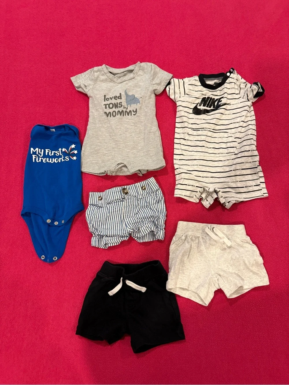 Baby boy summer bundle 6 months 3 shorts 2 rompers 1 July 4 onesie various brand